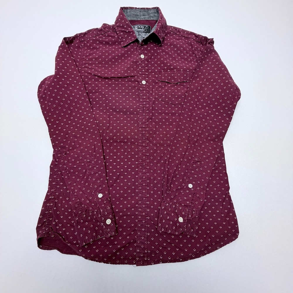 Broken Threads Mens Medium Burgundy Geometric Print Cotton Long Sleeve